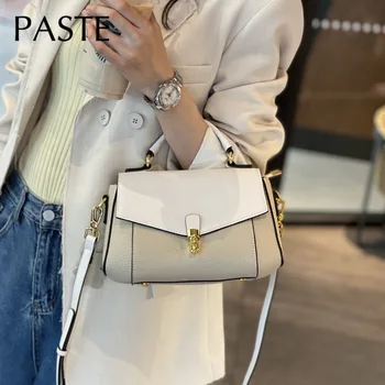 2022 Нова ретро кремаво-бяла однотонная дамска чанта за през рамото от 100% естествена кожа, универсална женска чанта-месинджър