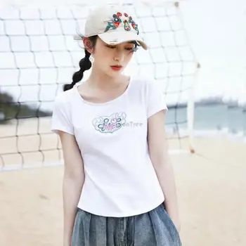 2023 годишната жена топ в китайския национален стил, нова шикозна вязаная тениска с кръгла яка и къс ръкав, просто ежедневни ретро-риза s207