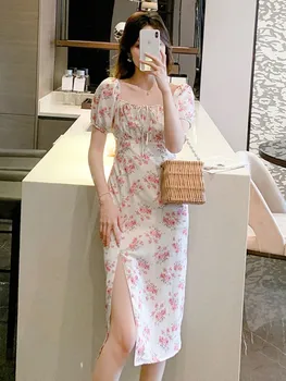 2023 Лятото розова Рокля Миди с къс ръкав и Тромаво яката на цветенце 2023 Модно Елегантна Ежедневна рокля Женски корейското дебнещ вечерна рокля
