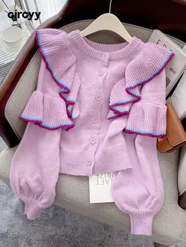 Circyy Вязаный жилетка, дамски пуловер, светло лилаво, с френски накъдрен, скъпа дрехи с кръгло деколте за момичета, модни однобортная ежедневни