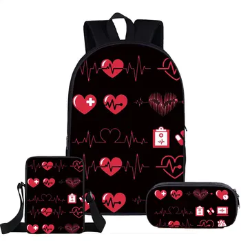 Harajuku Classic Сърцето на медицински сестри, 3 бр./компл., раница с 3D принтом, училищна чанта за книги, пътен раница за лаптоп, чанта на рамото, молив случай