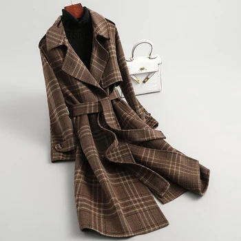 Herstory Зима, Ново записване, дамски топла вълнена горна дреха в клетка с пояс, женски корейското изискан офис дълга вълна палто veste longue