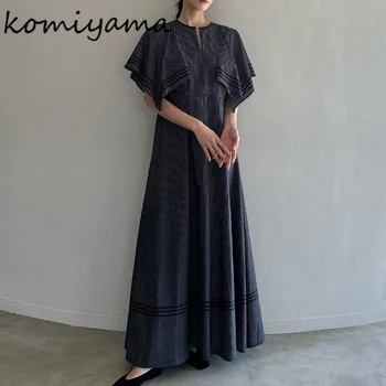 Komiyama/рокля в стил мозайка с волани, лятна реколта рокли в една клетка, женските драпирани рокли с висока талия, модерен женски халат за баня с кръгло деколте