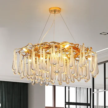 Led окачване, Нова модерна Кристален лампа, Кръгла, Златна алуминиева клонка, за украса на хола, полилей, френската хотелска техника
