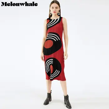MelonWhale Женски плиссированное елегантна дълга рокля с червен принтом, в присъствието на Винтажное Нова рокля, с кръгло деколте и дълъг ръкав Свободно, намаляване, пролет-лято 2023