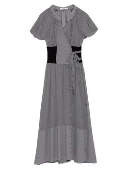 Neploe/ лятно нова рокля с V-образно деколте, клетчатое мозайка бандажное рокля с тънка талия, японски дизайн, лесен женски халат в торта стил