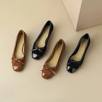 Phoentin/ елегантни дамски обувки на нисък ток в ретро стил 2023, пролетни обувки-лодка със затворени пръсти, дамски обувки-лодка от естествена кожа с квадратни пръсти в ретро стил, FT2236