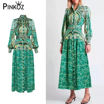 Pinkoz дамско дизайнерско зелено макси рокля с шал яка подпора, однобортное рокля с ръкави-фенерчета, копчета, пролет-есен, винтажное рокля с флорални принтом