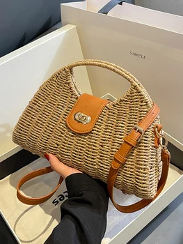 UNIXINU Лятна мода дамска сламена чанта за отдих, плажна чанта, дамска чанта от ратан, луксозно обзаведен малък дамски тканая чанта