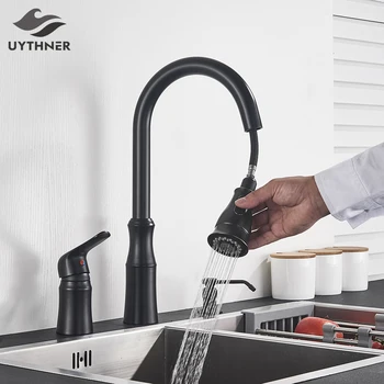 Uythner Черен Месинг с кухненски смесител Разтегателен Гъвкава батерия за мивка Кранове за топла и студена вода Кран за пестене на вода смесители за баня