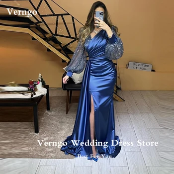 Verngo, тъмно синьо вечерни рокли, сватба парти, женски V-образно деколте, дълъг ръкав, Русалка, сатен арабски рокли за бала на известни Личности, по-големи размери 2023