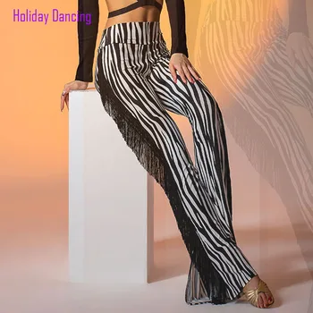 W21D135 дамски панталони за латино танци с пискюли и висока талия, панталони за латино танци за самба, танго, чачи, костюм за тренировка на корема