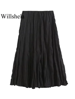 Willshela Дамски модни черна плиссированная пола Midi трапецовидна форма с цип отстрани, реколта женски шикозни поли с висока талия