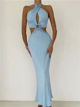 WJFZQM Дамски клубната парти с отворен гръб Елегантна синя рокля с риба опашка 2023 Лятното модно кратко секси рокля с открити рамене и рюшами Дълги рокли