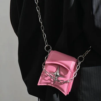 Y2K Реколта Корея Малка Чанта На Верига През Рамо С Капак, в Чантата си-Клатч, Чанти От Розова Изкуствена Кожа, Готически Кръст, Дамски Чанти През Рамо За Момичета