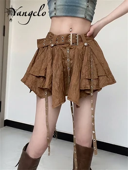 Yangelo Пънк Гръндж готическата пола с нередовни подолом и накъдрен лента Y2K Модерен мини-пола за клубната парти