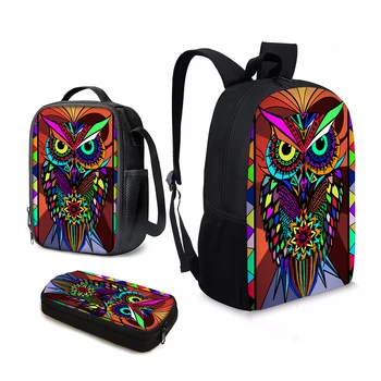 YIKELUO Цветен акварел дизайн във формата на бухал, Удобна регулируема лента за носене през рамо, раница, самозалепваща чанта за обяд, студентски молив случай