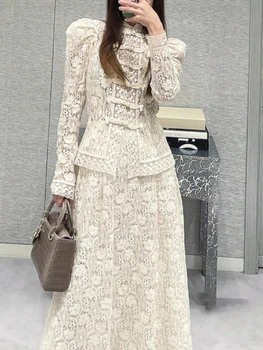 Висококачествени бели дантелени блузи с изрези в ретро стил + жена Елегантна дълга, завързана плиссированный комплект от две части