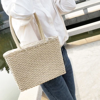 Дамска чанта ръчна изработка, артистична сламена чанта, летни тъкани плажни чанти, дамски ретро чанта на рамото, вязаная чанта за почивка от ратан