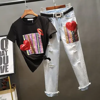 Дамски летни модни тениска с пайети и къс ръкав 2023, женски тренд + скъсяване на панталони от рваного деним с висока талия