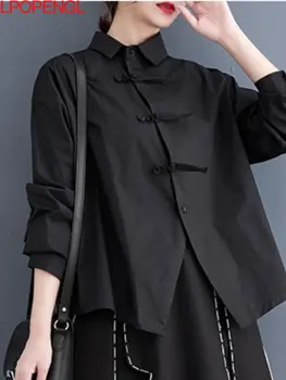 Дамски модни обикновена блуза с дълги ръкави, темпераментни блузи 2023, пролетно нова риза, женска риза с къси ръкави с нередовни катарама, модни