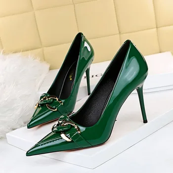 Дамски обувки на висок ток с метална катарама за колан BIGTREE, модни обувки-лодка от лачена кожа на тънък ток, с остри пръсти, зелен, по-големи размери 43