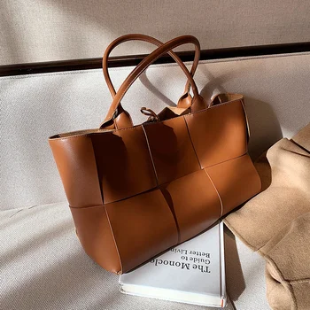Дамски чанти голям капацитет от изкуствена кожа, 2020 есенна мода однотонная чанта на рамото, жените пътна чанта-тоут