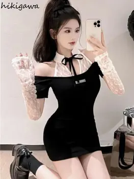 Дебнещ женствена рокля, Модерен, Секси и темпераментна халат, летни черни корейски рокли в стил мозайка с открити рамене, мини рокли Y2k в стил мозайка