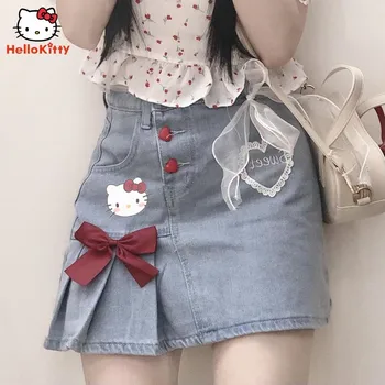 Деним пола Kawaii Hello Kitty, творчески папийонка, летни дрехи с анимационни герои за момичета, килт с висока талия, студентски чист подарък за рожден Ден