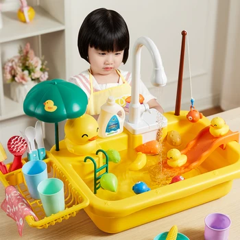 Детски играчки за кухненска мивка, електрическа миялна машина, детска играчка с течаща вода, ролева игра, играчка за риболов-подарък за момичета