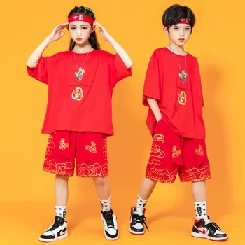 Детски Облекла в стил Хип-Хоп в Китайски стил в стил Ретро, Тениска Оверсайз Топ с Принтом и Каишка, Летни Панталони за Момичета И Момчета, Дрехи за Джаз Танци