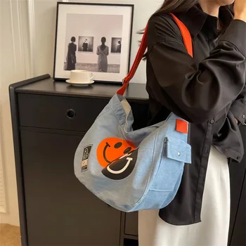Дънкови чанти голям капацитет за жени 2023, нови ежедневни пътни дамски чанти през рамо в стил хип-хоп, голяма чанта през рамо, жените Гореща