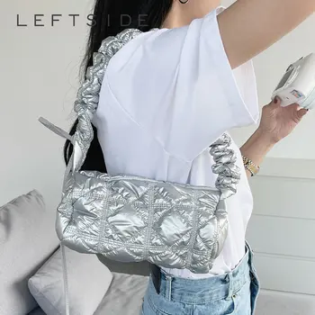 Ежедневни лъскава сребриста стеганая чанта-скитник по рамото за жени 2023, корейски модерен дизайнерски чанти с найлон подплата, Мека пухлая чанта, малка