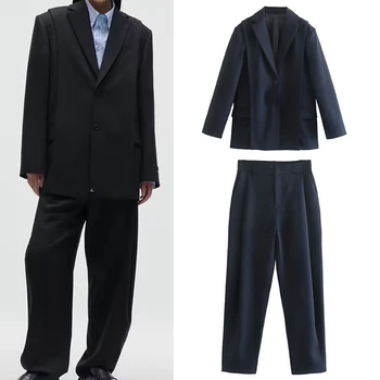 Жена без сако, Нов модерен комплект от 2 теми, дамско яке, женски прави панталони, всекидневни шик костюм за жени, офис женски костюм