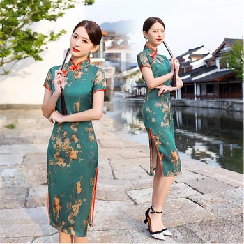 Жена китайското рокля Чонсам, винтажное рокля с къс ръкав, елегантен Ципао с цветен шал яка подпора, женски празнична сватбена рокля с цепка