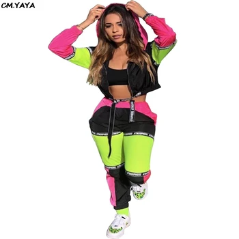 Женски спортен костюм 2019, в стил на спортен сафари с качулка, лоскутные якета в ивица с букви, Костюм с дълги панталони, комплект от две части, 3 цвята