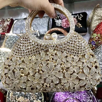 Златен металик перла клатч с горната дръжка, бял кристал, висококачествена дамска чанта с цветя и диаманти, сватбени чанти за младоженци, модни чанти