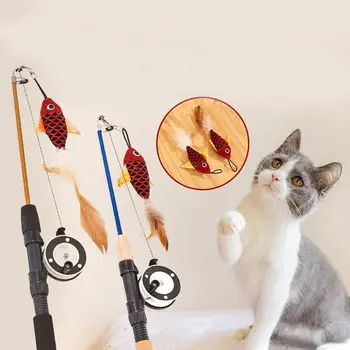 Играчка коте-закачка за домашни котки, Смешно коте, Разтегателен прът, Пръчка за котка, Играчки за риболов, рибарски прът, Играчки за домашни котки, Интерактивна пръчица