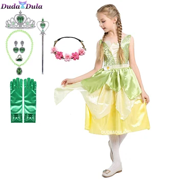Карнавальное рокля Тианы, рокли на принцеси за момичета, cosplay, празничен костюм за рождения ден, рокля на принцеса и жаба, костюм за Хелоуин