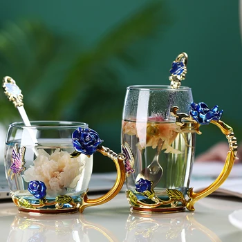 Кафеена чаша Стъклена Чаша за чай, емайл цвете кристал, благородна ръкохватка, подарък за влюбени за сватба RR2226
