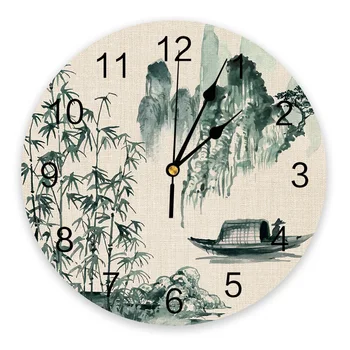 Китайска живопис Пейзаж Бамбук лодка Стенен часовник с Модерен Дизайн Декорация на хола, Кухня Тихи часове Начало декор