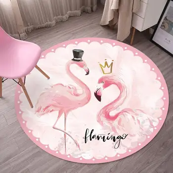 Кръгла мат с хубав модел фламинго, розова украса спални, меки килими за хол, холна маса, подложки за компютърни стола