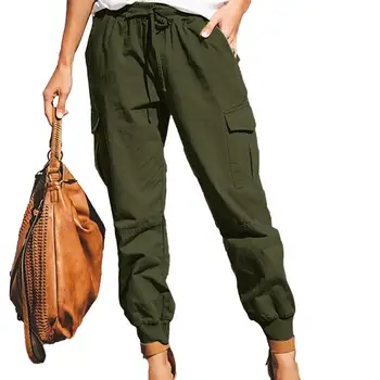 Летни панталони-карго, дамски ежедневни обикновена панталони дантела прозорци с много джобове, панталони с завязками на щиколотках, офис дамски панталони