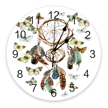 Ловец на сънища, пеперуда от пера, белите стенни часовници, модерен дизайн, интериор за дневната, стенни часовници, начало декор, стенни цифров часовник