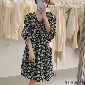 Луксозен корейски дизайн на дрехи Есен Пролет 2023, женски празничен Ретро винтажное рокля с дълъг ръкав и V-образно деколте и цветисти принтом