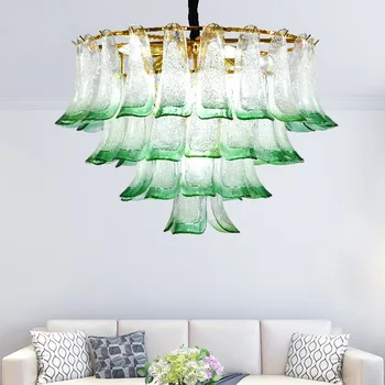Луксозно подвесное осветление от зелено стъкло Блясък E14 Led за хола, Метална плоча, кръгла верига Luminaria, висящи лампи