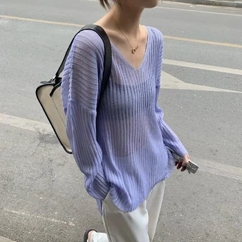 Лято корейски Елегантни дамски пуловери с дълъг ръкав и V-образно деколте, възли от ледената коприна, моден тънки блузи в стил харадзюку, бяло-сива тениска с перспектива