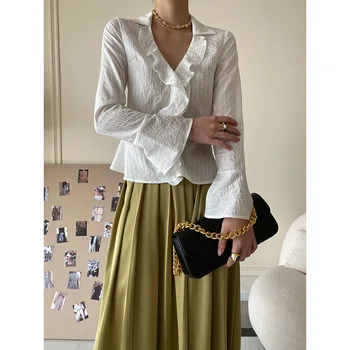 Модерен дамски блуза в стил мозайка с волани, риза с дълги ръкави и V-образно деколте, приталенная, добро качество, дамски потници, облекло