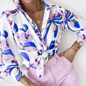 Модерен дамски елегантен шифоновая риза с принтом, Ежедневни Свободна блуза копчета с дълъг ръкав, реколтата, потници, облекло, с отложным яка 23337