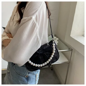 Модерен дизайн с жемчужными на веригата, дамски чанти-месинджър през рамо, сладки лък, дамски чанти през рамо, цветя модел, женски квадратни чанти